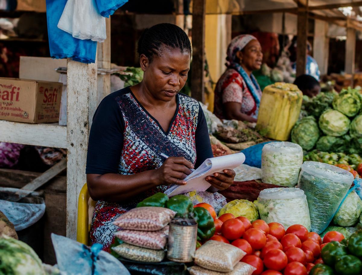 Market trader counting stock in her notebook
